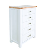 Hampshire 5 Drawer Tallboy White Solid Pine and Ash Wood Top