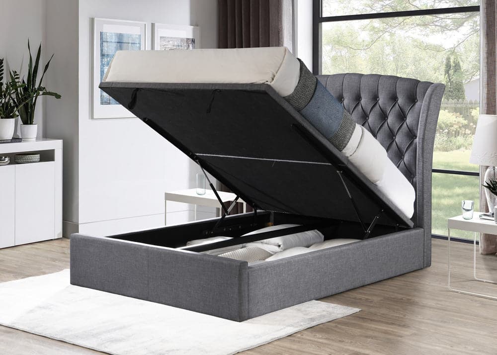 Lusso Fabric Bed Frame with Lift Up Storage Dark Grey / White | Jory Henley