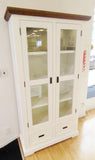 Hamptons Display Cabinet White Solid Acacia Wood and Brown Top with Glass Door